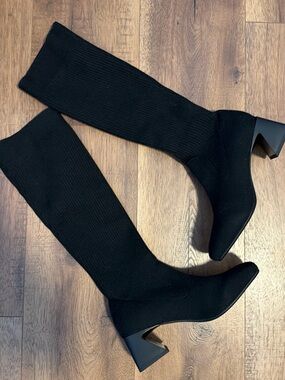 VIVAIA Tara Pro Square Black Knee Sock Boots with Sculpted Block Heel